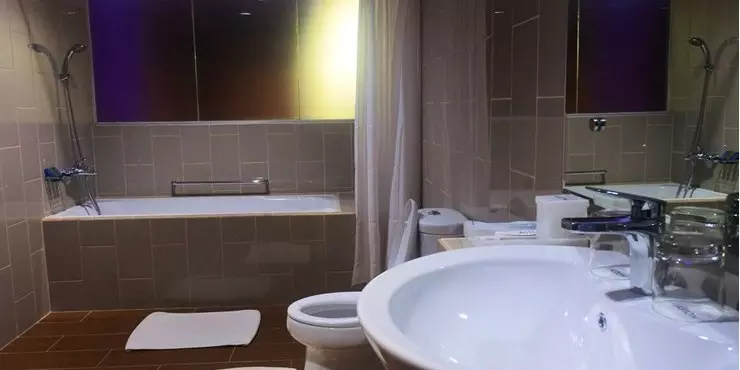 Matan Suite bathroom with modern bathtub and full of amenities based on ASTON standard