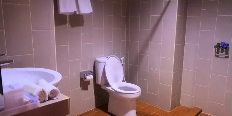 Junior suite bathroom with rain shower and full of amenities based on ASTON standard